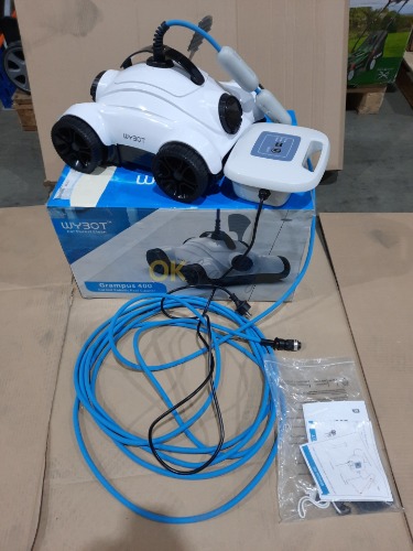 Auction Robotický bazénový čistič WYBOT Grampus 400, automatický bazénový vysavač s motory s dvojitým pohonem, 3 funkce časování, 33ft otočný plovoucí kabel, spodní kartáč, ideální pro čištění podlahy bazénu nad/v zemi image