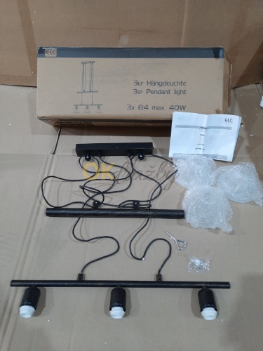 Auction ELC - závěsná lampa - 3 světla - sklo, železo - V: 14,5 cm - E14 - bílý alabastr, černé zlato broušené image