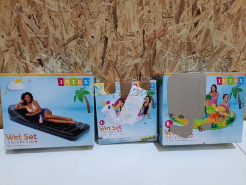 Auction 3 kusy - Lehátko nafukovací šedé, Intex 58723 - Intex 57166 Hrací centrum s dinosaury 191x152x58 cm - Intex 57113 Bazén Jednorožec se stříškou 127x102x69 cm image