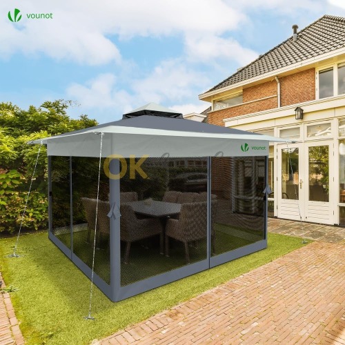 Auction VOUNOT® Výklopný zahradní altán 3,6 × 3,6 m s pletivovými bočnicemi, dvojitou střechou a přepravní taškou na kolečkách, šedý image